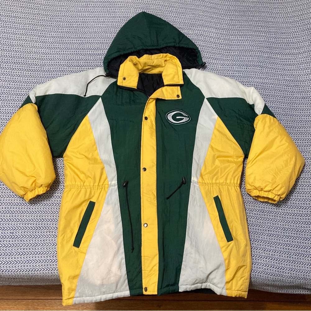 Vintage NFL Green Bay Packers Warm Up Jacket/Coat Button & Zip Up Removable Hood